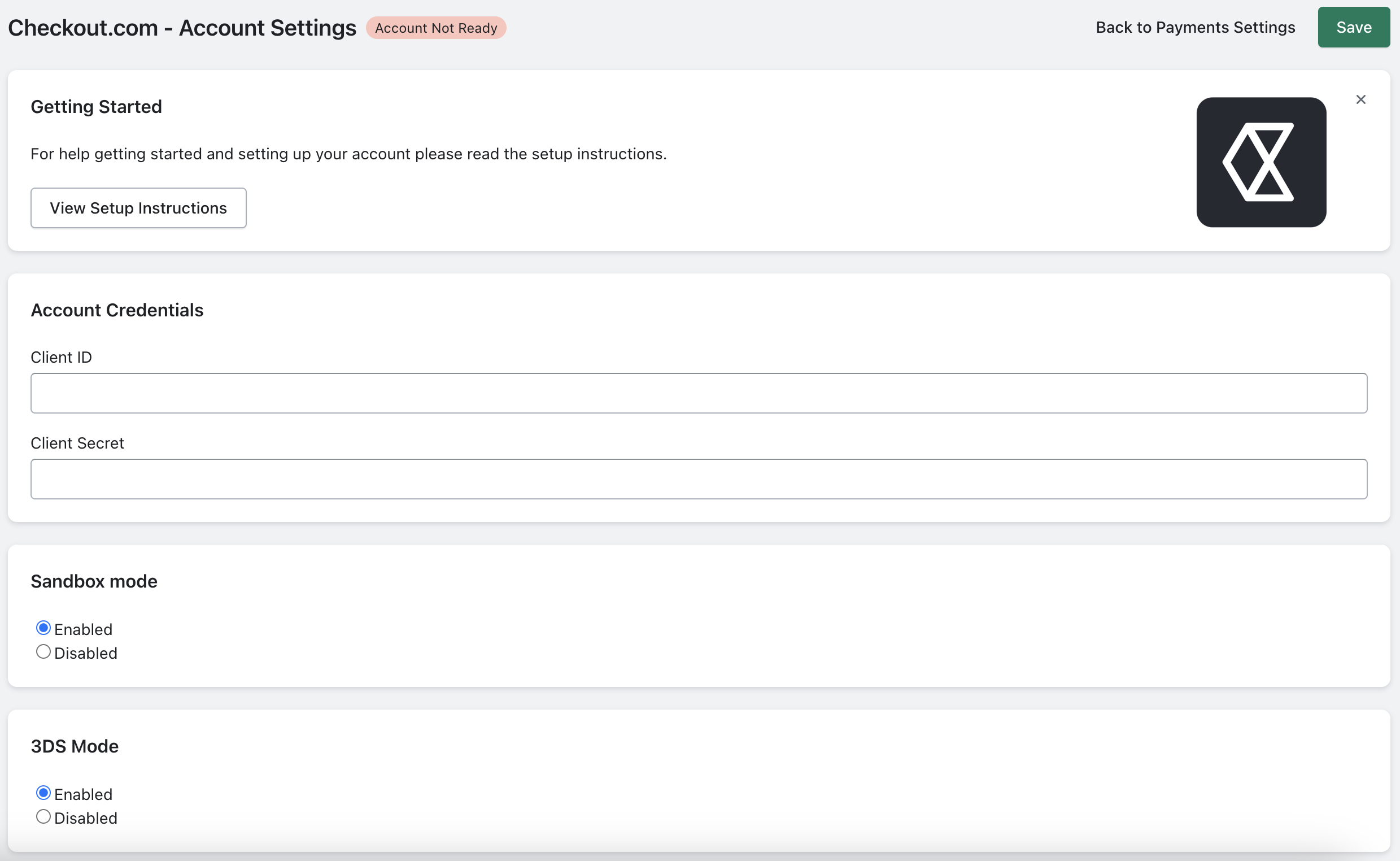 Account Settings screen showing Getting Started, Account Credentials, Sandbox mode, and 3DS Mode sections