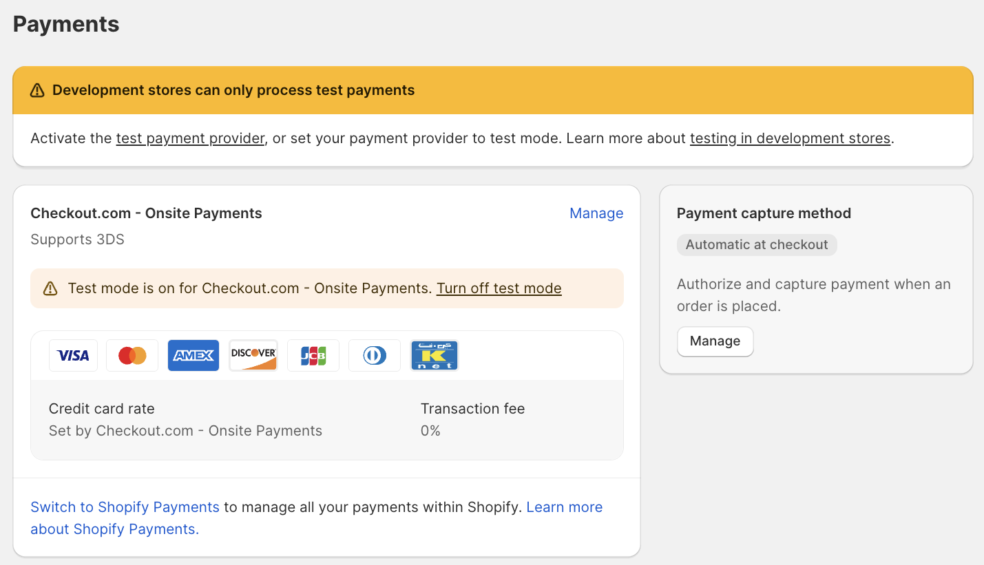 Payments screen with the message 'Development stores can only process test payments'